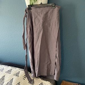 Grey Linen Wrap Midi Skirt - With Pockets